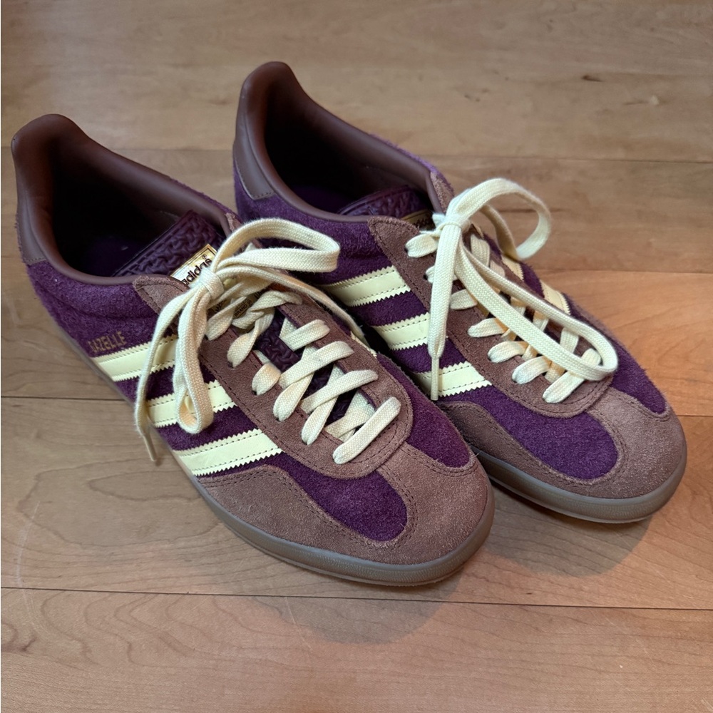 Adidas maroon butter yellow gazelle sneakers
